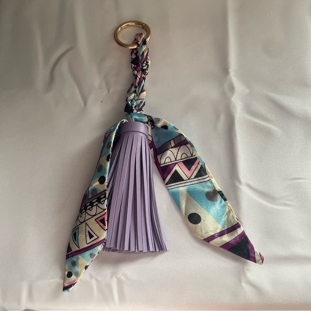 Classic Satin Scarf Tassel Faux Leather Key Chain Pendant Bag Charm Twilly